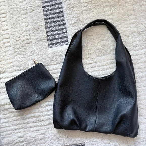 Black vegan leather bag with small zip pouch - Picture 1 of 5